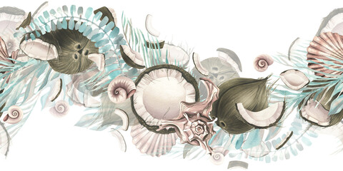 Whole coconuts and slices with tropical palm leaves and seashells. Watercolor illustration. Seamless boarder on a white background from the collection of COCONUTS. For the design and of prints