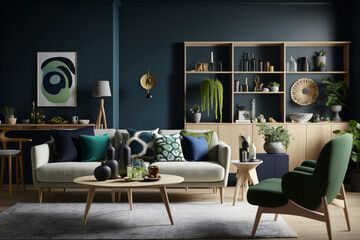 Navy Blue Living Room with Abstract Art and Nordic Furniture , generated by IA 