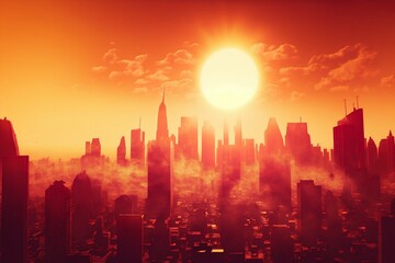 Fototapeta na wymiar Heatwave sun over a urban city, global warming. Generative AI