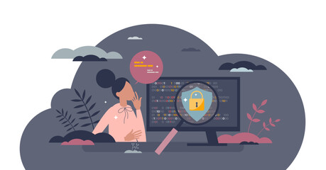 Cyber security course and education about digital safety tiny person concept, transparent background. Online learning about data encryption.