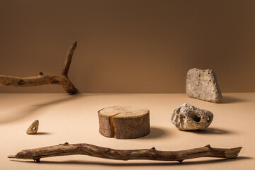 Wood stump product stage with brown background. Front view. Mockup.	