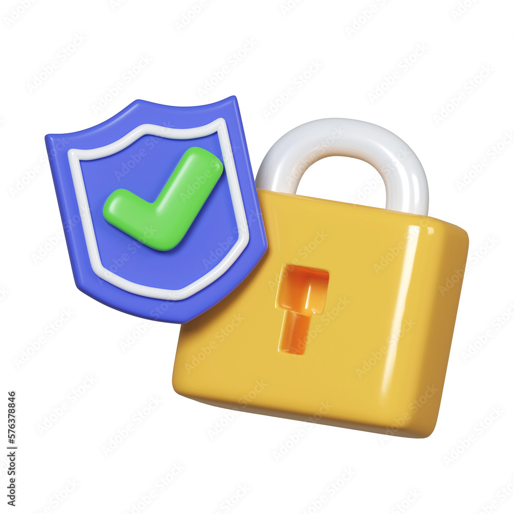 Fototapete shield with tick and padlock 3d render. security and safety concept. protection and privacy symbol. 