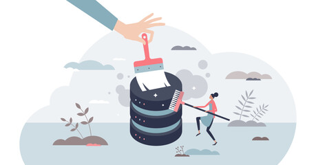 Data cleansing as hard drive cleanup and removing files tiny person concept, transparent background.Database security protection with personal information traces removing illustration. - obrazy, fototapety, plakaty