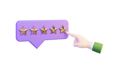 five star review icon with hand on white background 3d render concept for customer feedback