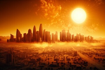 Heatwave sun over a urban city, global warming. Generative AI