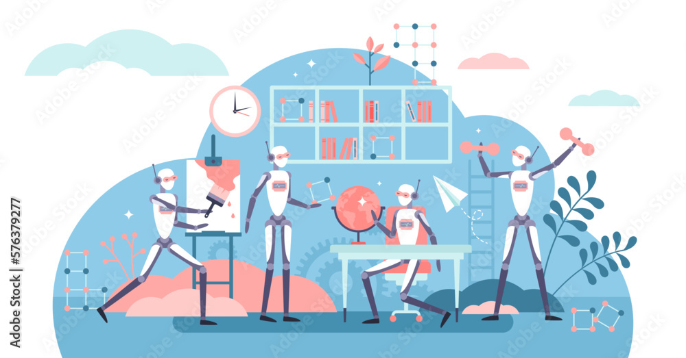 Aufkleber robots learning illustration, transparent background. ai cognition in flat tiny persons concept. art
