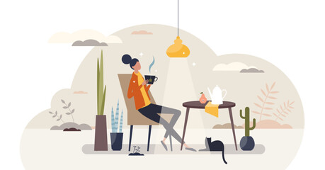 Self care and having cup of drink for relaxation moment tiny person concept, transparent background. Hot tea for mother in comfy chair for mental carefree and calm pleasure illustration.