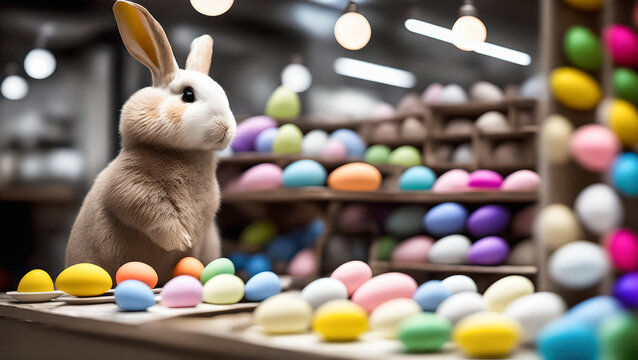 closeup of a white bunny with colorfull painted eggs in painting shop for easter, generative AI