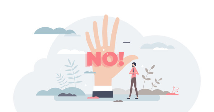 Saying no with rejection on hand as opinion expression tiny person concept, transparent background. Negative feedback and stop gesture as decision with reaction illustration.