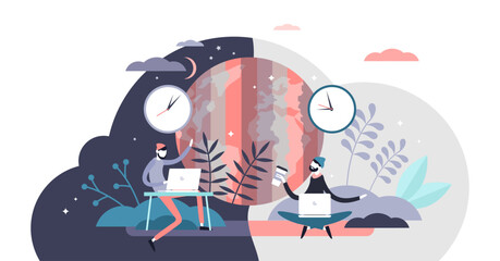 Time zone concept, flat tiny persons concept illustration, transparent background.Modern remote freelance work day and night cycle.Global network and regional differences.