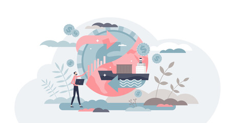 Trade global as worldwide cargo sea container shipping tiny person concept, transparent background. Export or import market business industry with purchases overseas illustration.
