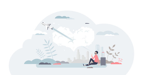 Travel passion or hobby as plane fly through heart shaped cloud tiny person concept, transparent background. Vacation journey trip using aviation transportation illustration. Love for airlines.