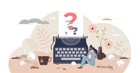 Writers block as missing creative muse for story content tiny person concept, transparent background. Stress, pressure and confusion because of difficulties to get inspiration illustration.