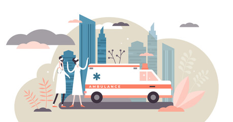 Fototapeta na wymiar Ambulance car illustration, transparent background. Medical vehicle flat tiny persons concept. First aid disease rescue transport to get patient to hospital ASAP. Covid-19 testing medics.
