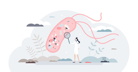 Mechanism of antibiotic resistance development in bacteria cell tiny person concept, transparent background. Female scientist researching medication processes in human gut. - obrazy, fototapety, plakaty