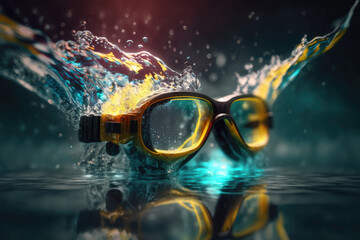 Wet sport swimming goggles with water splashes. AI generative.
