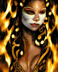 highly detailed white backgorund with fire embers texture leopard print and gold borders background standing in front is an attractive bashful beautiful masked female carnival dancer detailed 