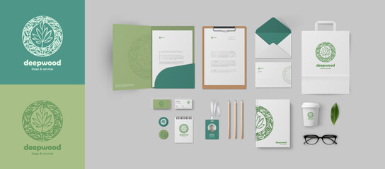 Realistic corporate branding mockup set. Identity template with eco natural green logo, modern style for presentation your company, pure life logo with leaf sign. Vector stationery bundle.