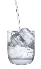 pour water in glass with ice  isolated on white background clipping path