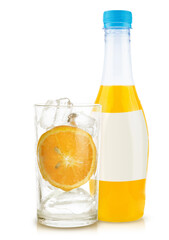 orange fruit and orange juice in bottle white glass and ice isolated on white background