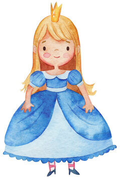 Watercolor illustration of a cute little princess in a blue dress. Little blond girl illustration. Isolated on a white