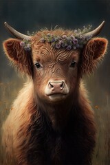 Baby Highland Cow Portrait Looking AT Camera Wearing Flower Crown