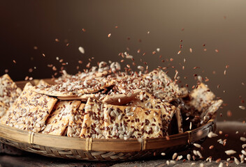 Crackers with sunflower seeds and flax seeds.