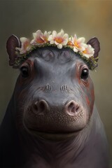 Baby Hippopotamus Portrait Looking AT Camera Wearing Flower Crown