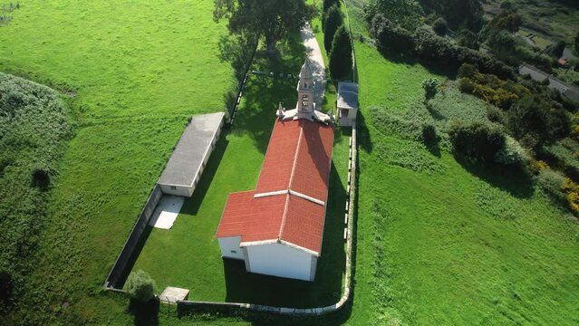 Aerial View Of Santuario dos Milagres de Caion - Shrine In A Coruna, Spain. orbiting shot