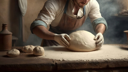 Obraz na płótnie Canvas A young man kneads bread dough with only his hands (Generative AI)