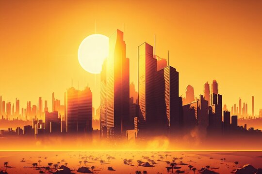 Heatwave Sun Over A Urban City, Global Warming. Generative AI