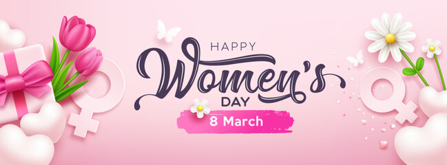 Happy women's day banners gift box pink bows ribbon with tulip flowers and butterfly, heart, white flower, concept design on pink background, EPS10 Vector illustration.
 - obrazy, fototapety, plakaty