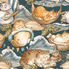 Cute vintage cats on vacation seamless pattern, watercolor whimsical texture - 576381045