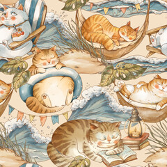 Cute vintage cats on vacation seamless pattern, watercolor whimsical texture - 576381046
