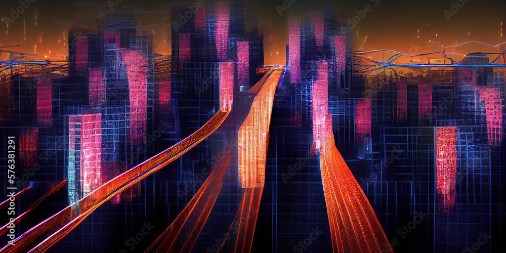 Poster neon highway in a digital environment abstract background, generative ai