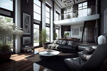 Black and white modern house with an open plan concept, generative AI