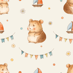 Cute vintage hamsters on vacation seamless pattern, watercolor whimsical texture