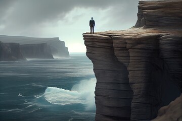 Lonely man on the edge of a precipice, generative AI - obrazy, fototapety, plakaty