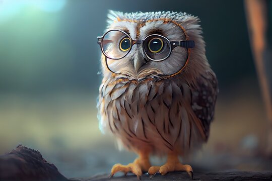 Serious owl wearing eye glasses, generative AI
