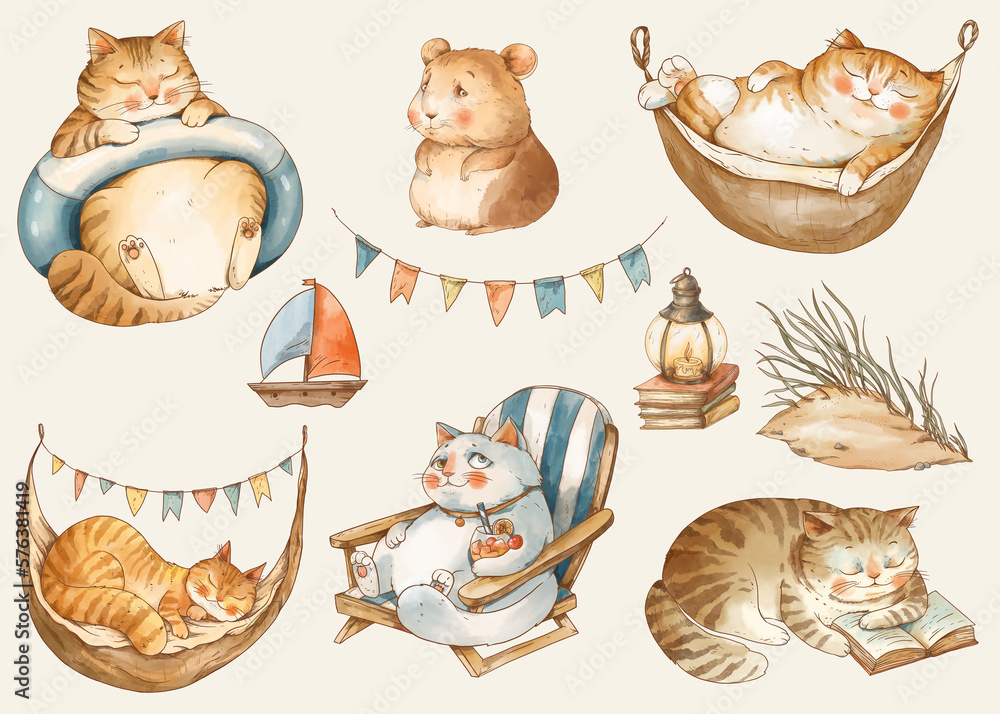 Wall mural Set of cat on vacation, watercolor whimsical illustration in neutral colors