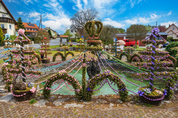 View of the traditionally decorated Easter fountain in Bieberbach/Germany in Upper Franconia