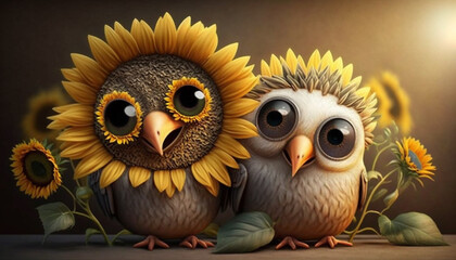 Two owls with sunflowers. Two owl characters adorned with sunflower petals, creating a charming and imaginative piece of art.