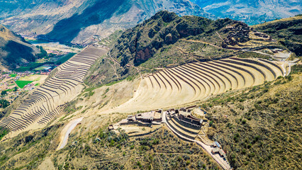 Pisac Ruins Aerial View, Peru, Ancient Indigenous Inca Terrace Architecture, Sky Among Andean...