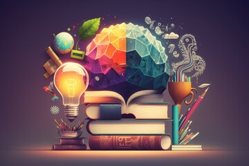 Colorful lightbulb brain with books and stationery, education concept, AI generated