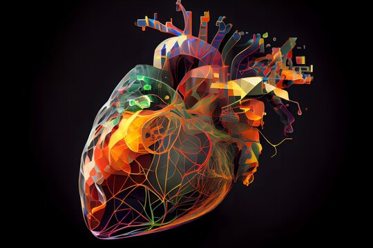 Real human heart in Mathematical Concepts-Visual Synesthesia style. Human heart creative art style of different colors, on a dark background