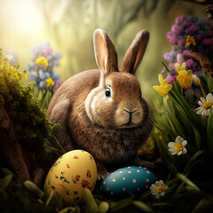 Sweet Easter bunny pet in garden decorated eggs and spring flowers made with generative AI