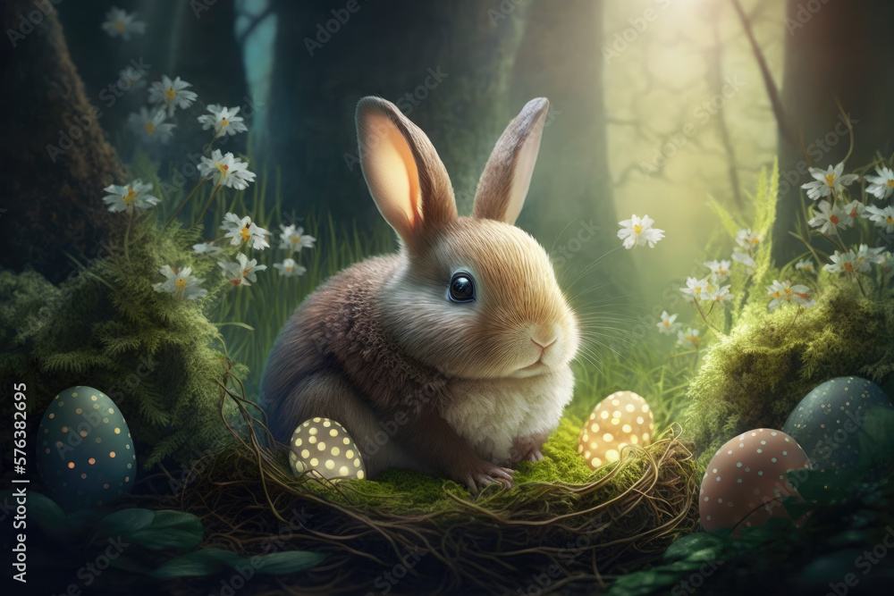 Wall mural Cute easter bunny sits on the grass in a fairy forest with luminous eggs, generative AI - Wall murals