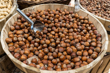 A taste of nature: fresh hazelnuts in their shells, presented in a rustic wooden bowl