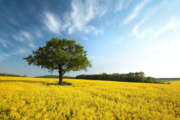 Tree on a blooming rapeseed field