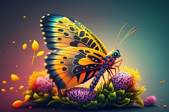 Visually stunning image of a beautiful 3D digital butterfly, featuring vibrant colors and intricate details. GENERATED AI.